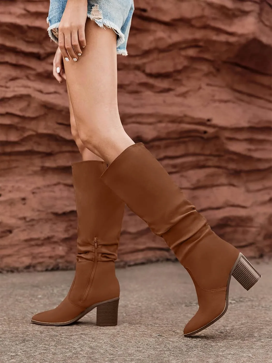 Huiyuzhi Womens Pointed Toe Mid Chunky Heel Side Zipper Knee High Boots Tall Booties