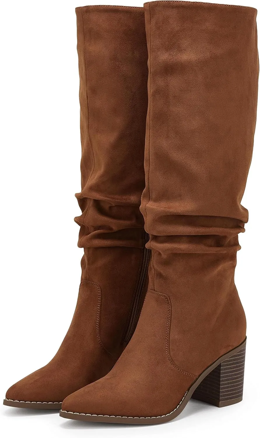 Huiyuzhi Womens Pointed Toe Mid Chunky Heel Side Zipper Knee High Boots Tall Booties