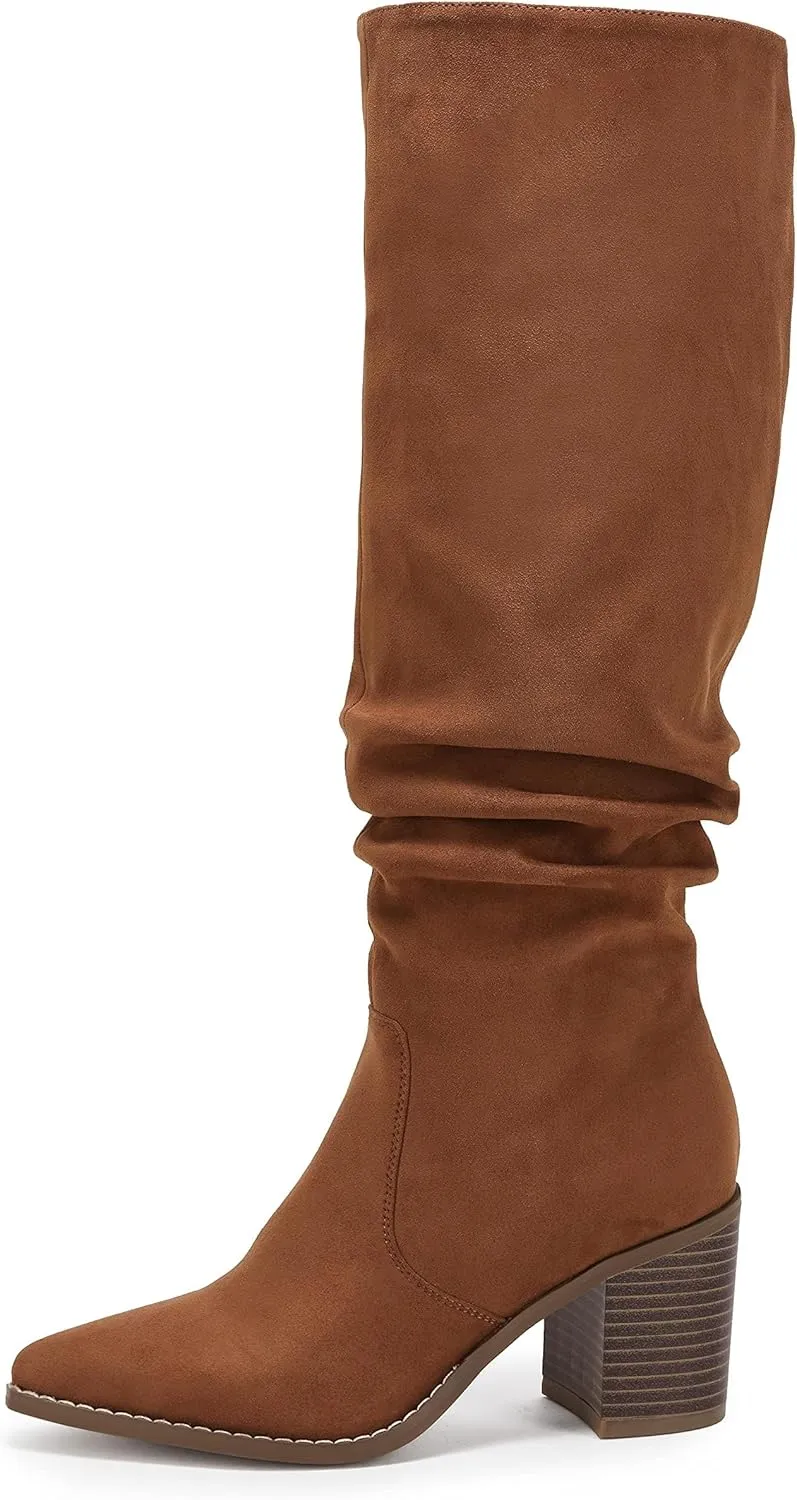 Huiyuzhi Womens Pointed Toe Mid Chunky Heel Side Zipper Knee High Boots Tall Booties
