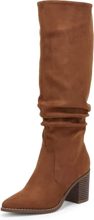 Huiyuzhi Womens Pointed Toe Mid Chunky Heel Side Zipper Knee High Boots Tall Booties