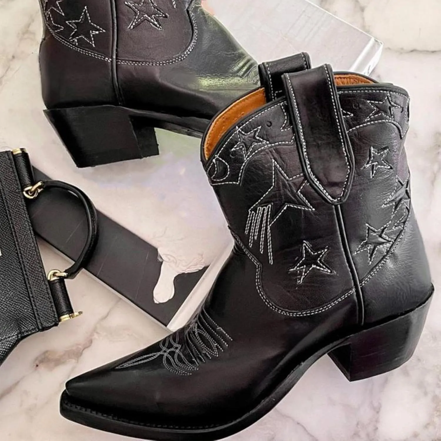 Huntarry Heart Boots for Women Red Cowboy Boots Embroidered Inlay Heart Knee High Round Toe Boots Chunky Heel Cowgirl Boots Valentines Day Boots