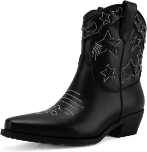 Huntarry Heart Boots for Women Red Cowboy Boots Embroidered Inlay Heart Knee High Round Toe Boots Chunky Heel Cowgirl Boots Valentines Day Boots