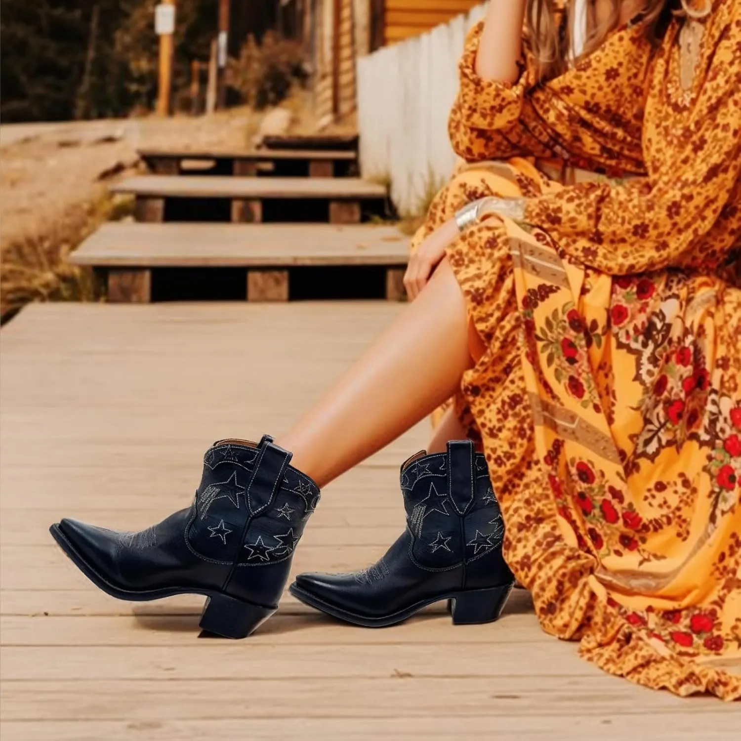 Huntarry Heart Boots for Women Red Cowboy Boots Embroidered Inlay Heart Knee High Round Toe Boots Chunky Heel Cowgirl Boots Valentines Day Boots