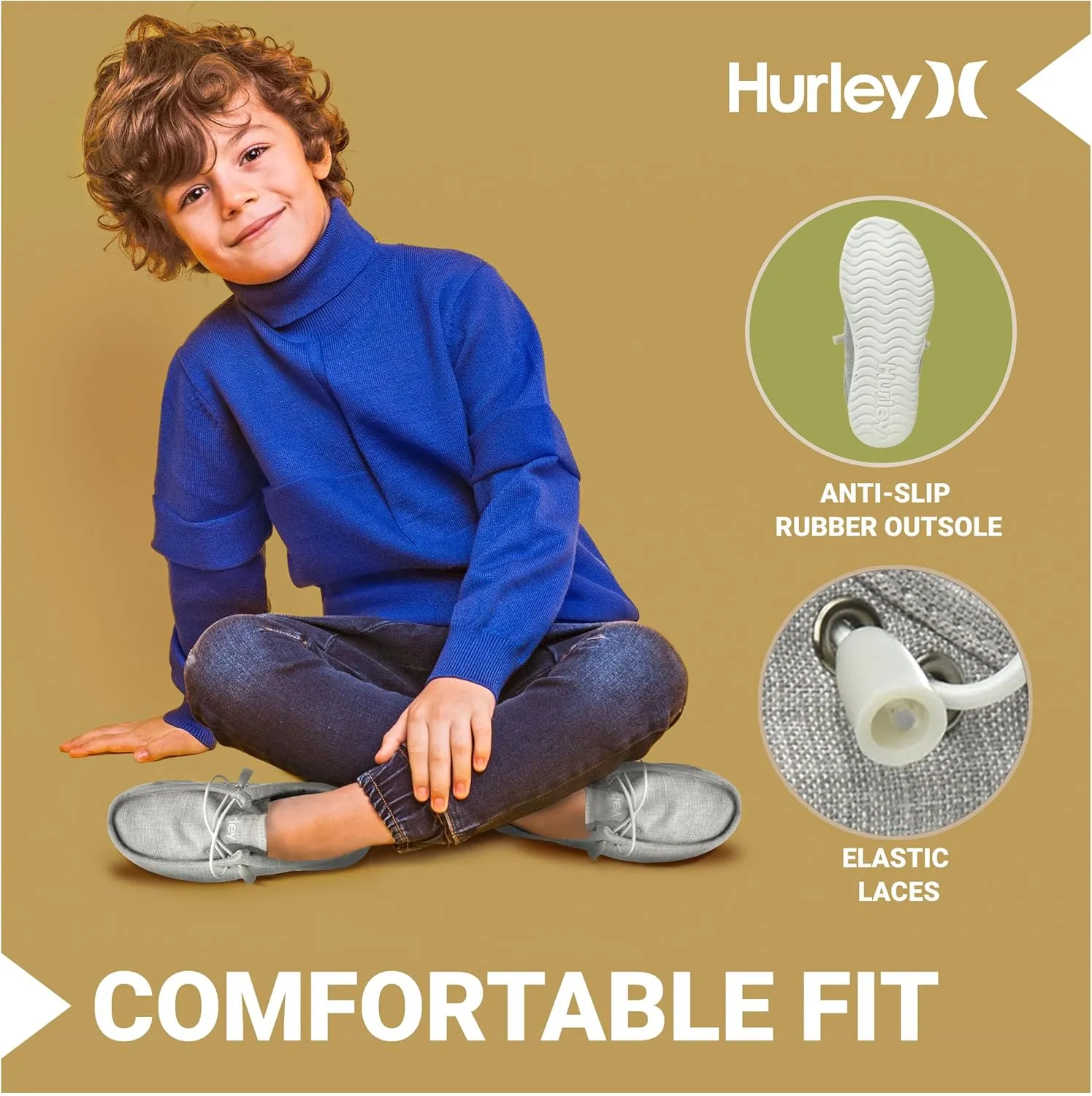 Hurley Kids Elastic Lace Loafers, Canvas Shoes for Boys & Girls - Comfortable, Durable, Stylish - Kid's Fashion Sneakers, Wide Toe Shoes for Everyday Wear