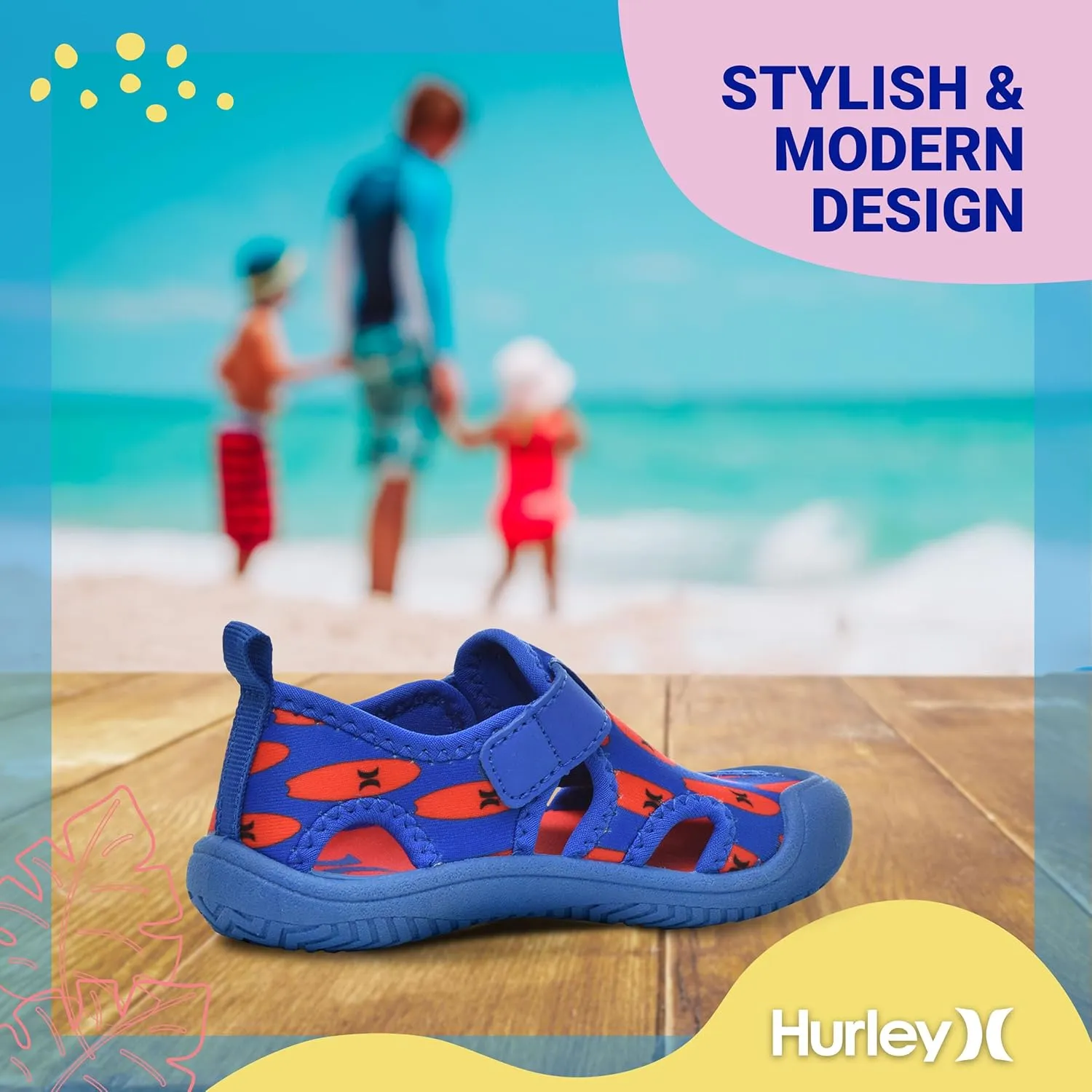 Hurley Kona Toddler Water Shoes - Beach Essentials, Girls and Boys Closed Toe Sandals, Lightweight, Breathable, Kids Water Shoes with Non-Slip Sole and Adjustable Straps, Outdoor Toddler Swim Shoes