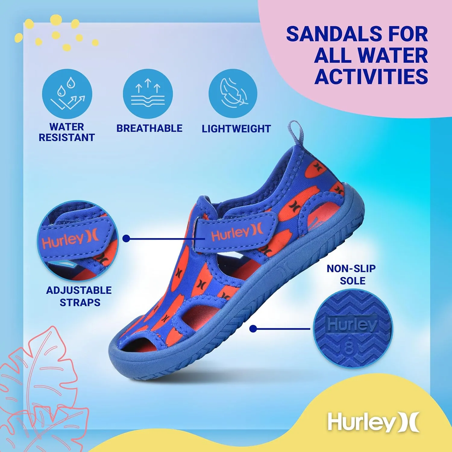 Hurley Kona Toddler Water Shoes - Beach Essentials, Girls and Boys Closed Toe Sandals, Lightweight, Breathable, Kids Water Shoes with Non-Slip Sole and Adjustable Straps, Outdoor Toddler Swim Shoes