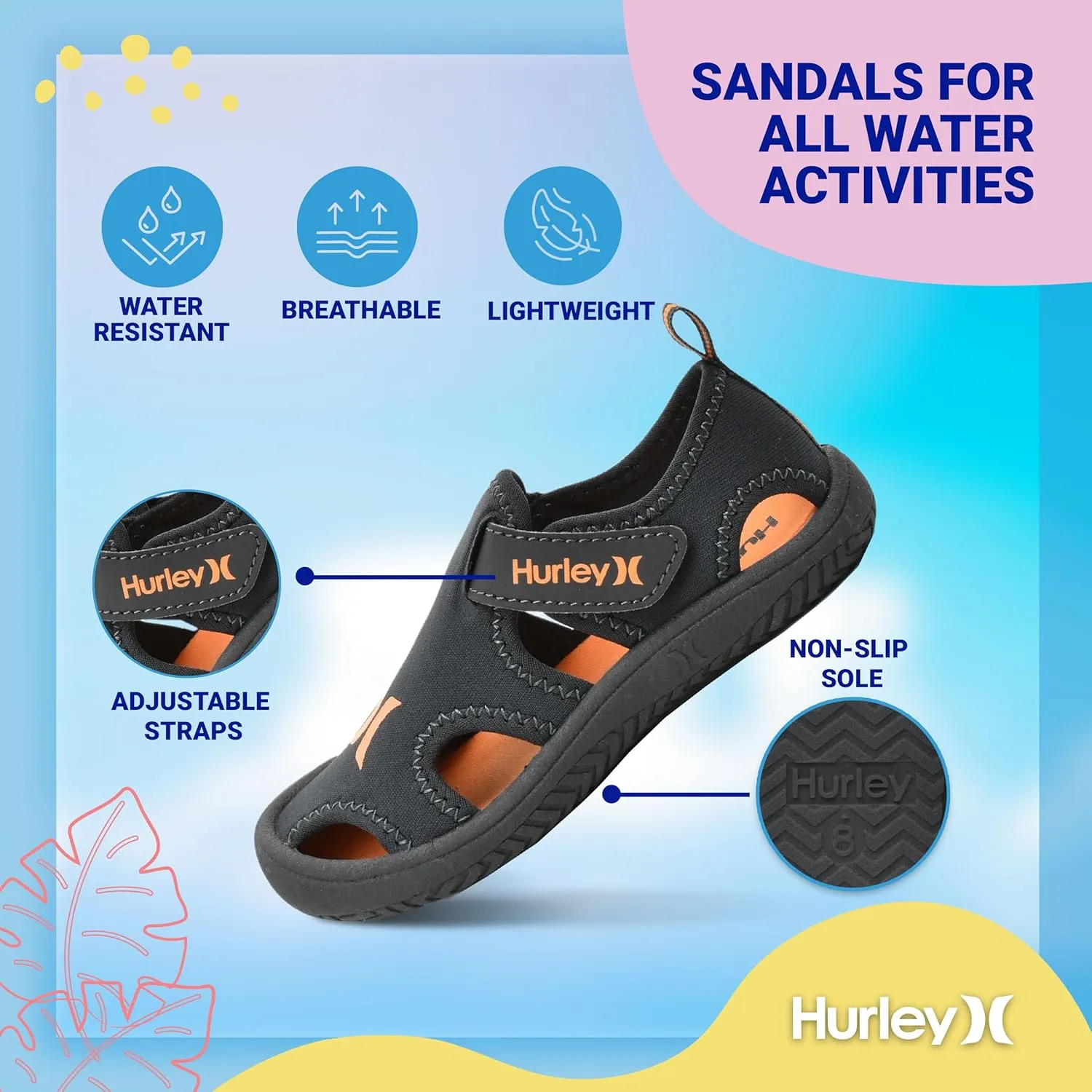 Hurley Kona Toddler Water Shoes - Beach Essentials, Girls and Boys Closed Toe Sandals, Lightweight, Breathable, Kids Water Shoes with Non-Slip Sole and Adjustable Straps, Outdoor Toddler Swim Shoes
