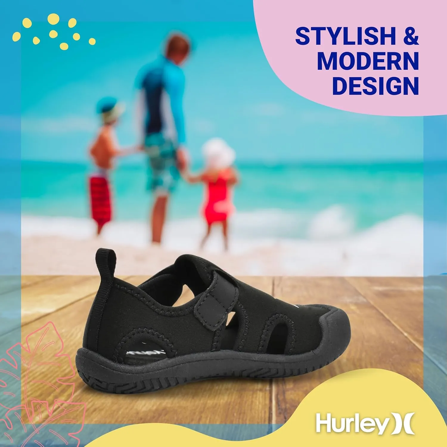 Hurley Kona Toddler Water Shoes - Beach Essentials, Girls and Boys Closed Toe Sandals, Lightweight, Breathable, Kids Water Shoes with Non-Slip Sole and Adjustable Straps, Outdoor Toddler Swim Shoes