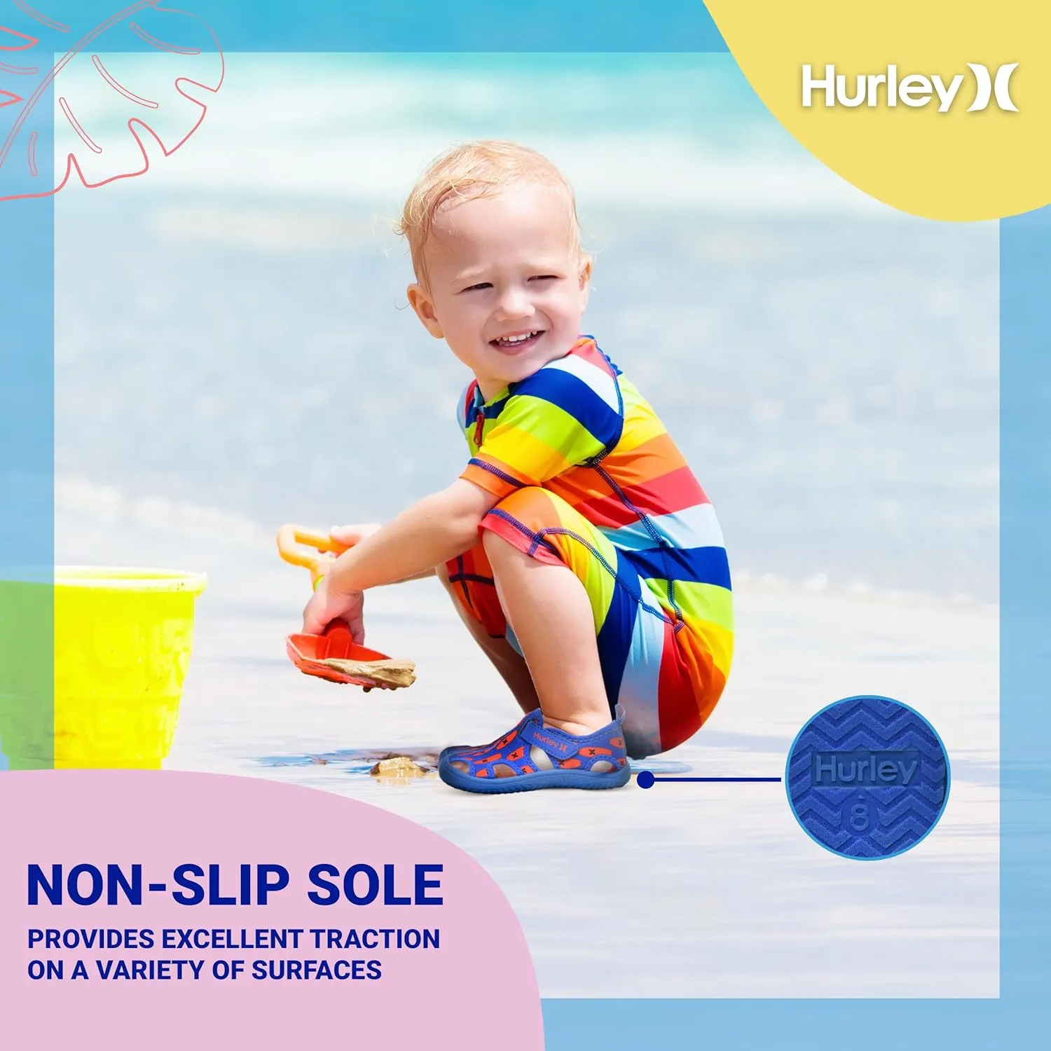 Hurley Kona Toddler Water Shoes - Beach Essentials, Girls and Boys Closed Toe Sandals, Lightweight, Breathable, Kids Water Shoes with Non-Slip Sole and Adjustable Straps, Outdoor Toddler Swim Shoes