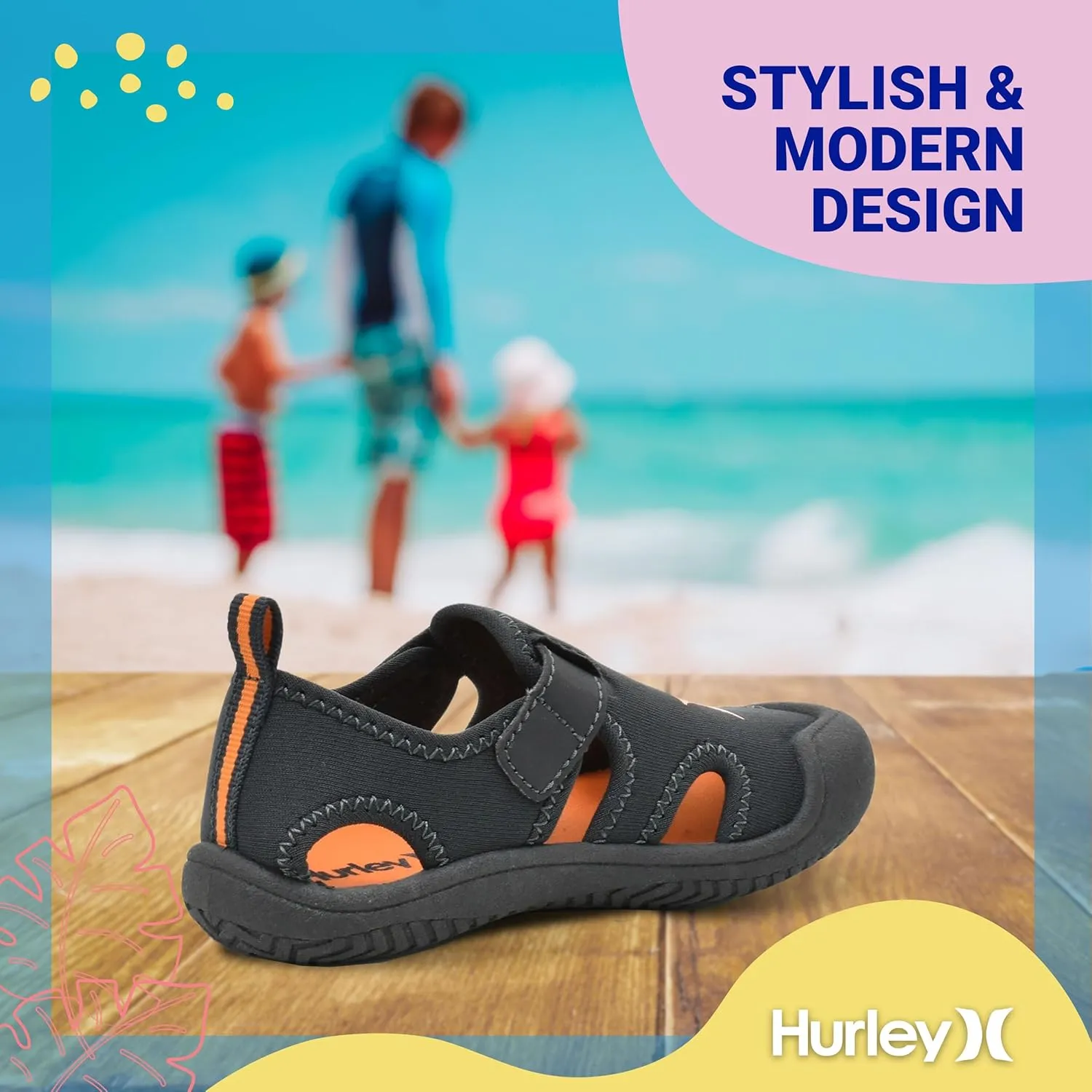 Hurley Kona Toddler Water Shoes - Beach Essentials, Girls and Boys Closed Toe Sandals, Lightweight, Breathable, Kids Water Shoes with Non-Slip Sole and Adjustable Straps, Outdoor Toddler Swim Shoes