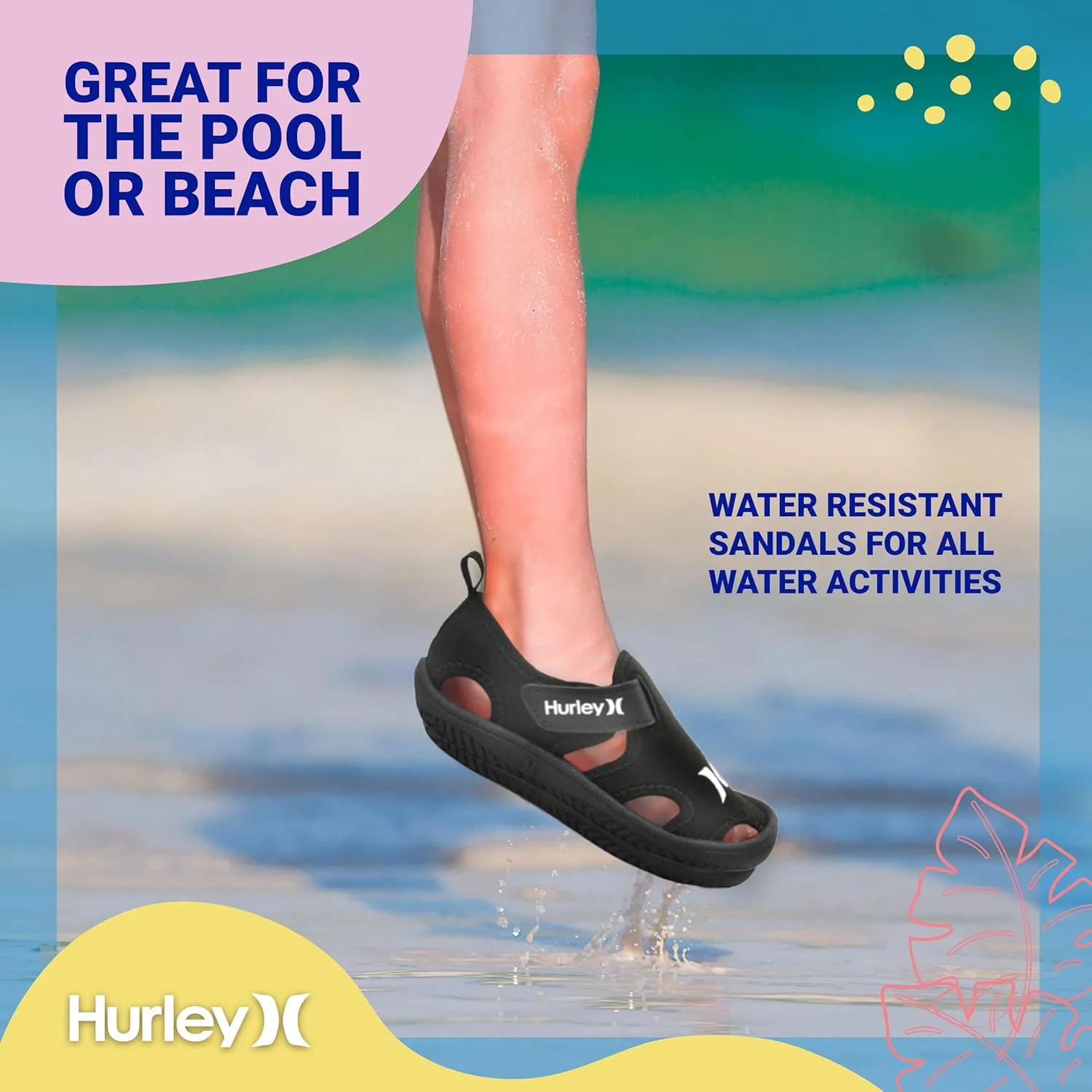 Hurley Kona Toddler Water Shoes - Beach Essentials, Girls and Boys Closed Toe Sandals, Lightweight, Breathable, Kids Water Shoes with Non-Slip Sole and Adjustable Straps, Outdoor Toddler Swim Shoes