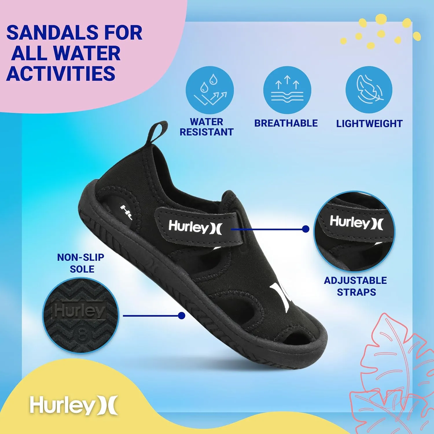 Hurley Kona Toddler Water Shoes - Beach Essentials, Girls and Boys Closed Toe Sandals, Lightweight, Breathable, Kids Water Shoes with Non-Slip Sole and Adjustable Straps, Outdoor Toddler Swim Shoes