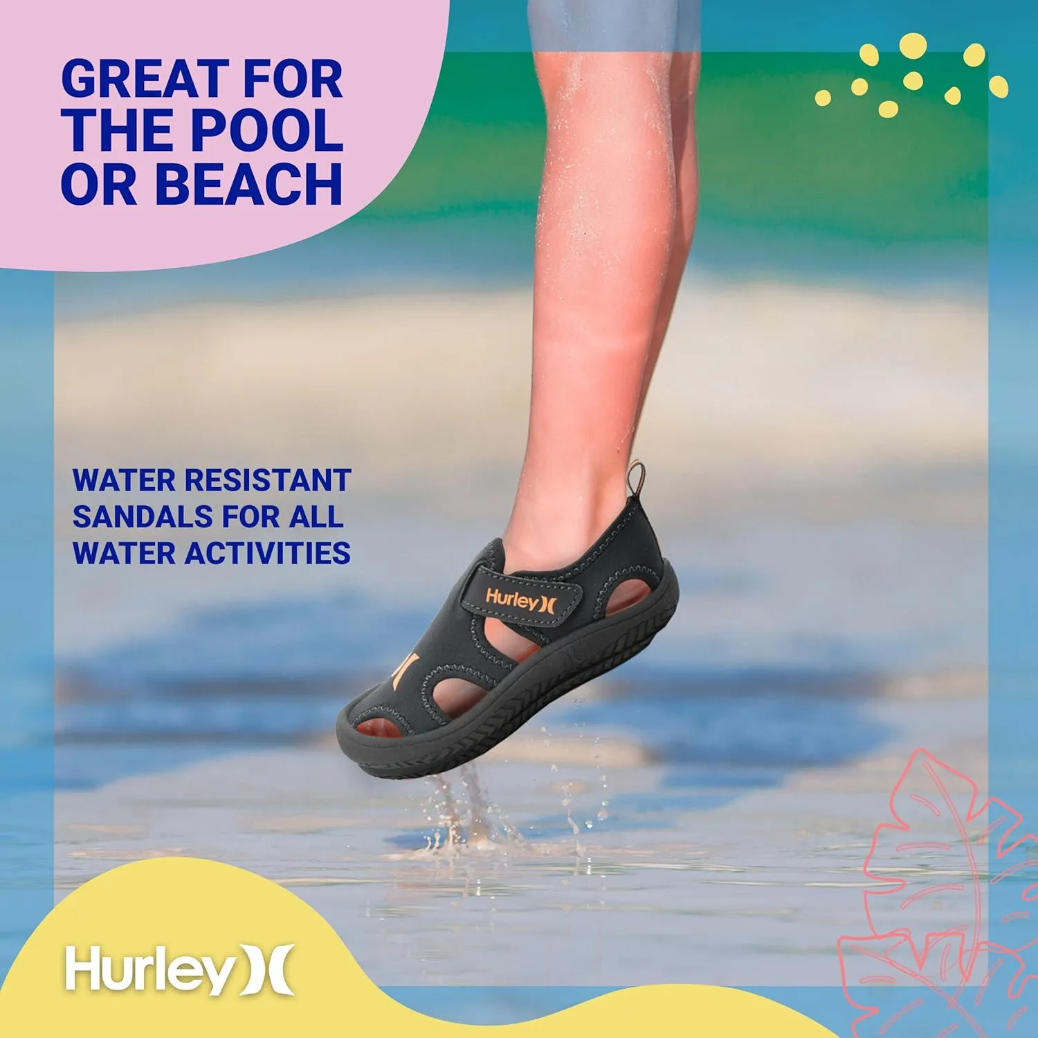 Hurley Kona Toddler Water Shoes - Beach Essentials, Girls and Boys Closed Toe Sandals, Lightweight, Breathable, Kids Water Shoes with Non-Slip Sole and Adjustable Straps, Outdoor Toddler Swim Shoes