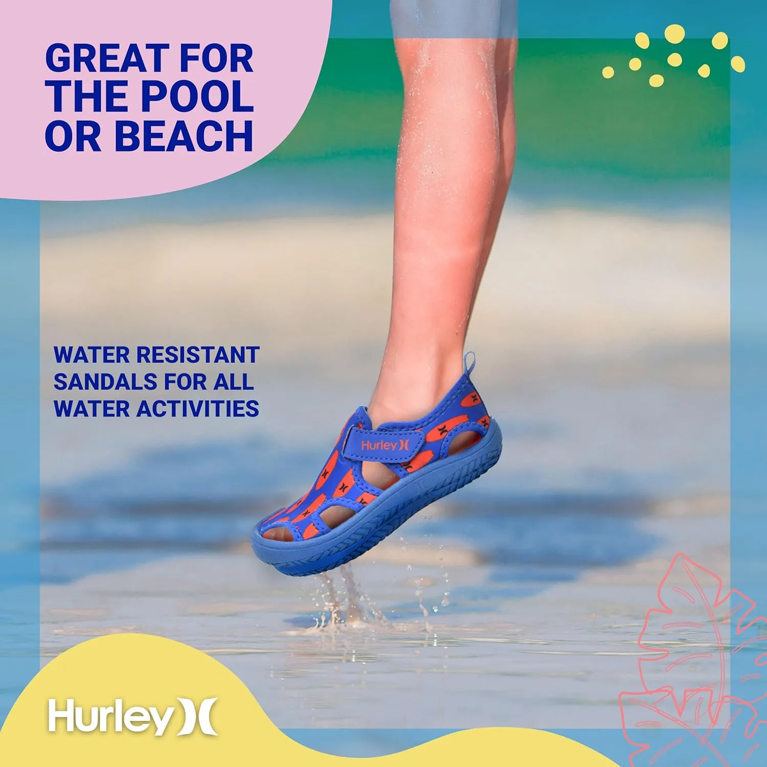 Hurley Kona Toddler Water Shoes - Beach Essentials, Girls and Boys Closed Toe Sandals, Lightweight, Breathable, Kids Water Shoes with Non-Slip Sole and Adjustable Straps, Outdoor Toddler Swim Shoes