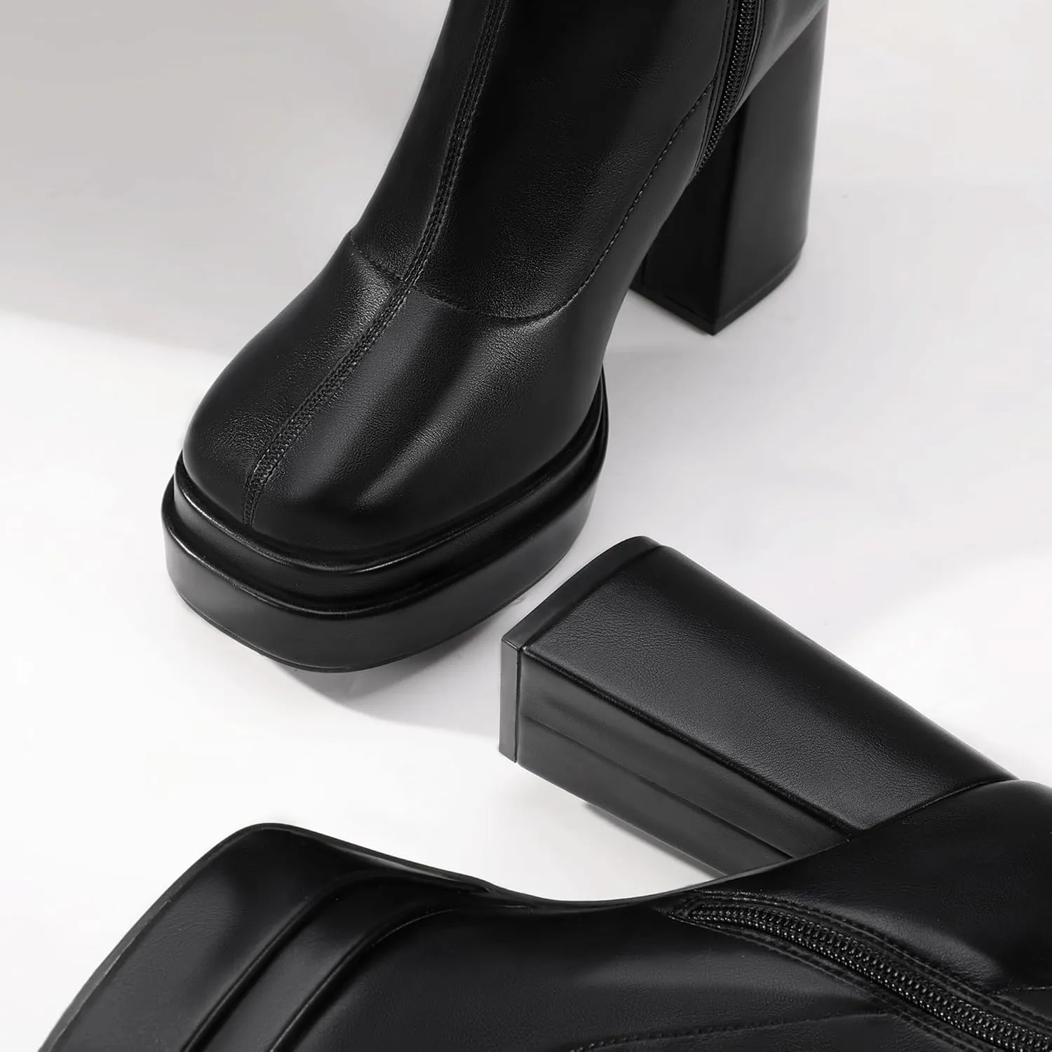 IDIFU IN4 Knee High Boots for Women Platform Gogo Boots Square Toe Chunky Block High Heel Tall Boots Ladies Disco Dress Long Boots Comfortable Fashion Sexy Dressy Pull On Calf High Thick Fall Boots
