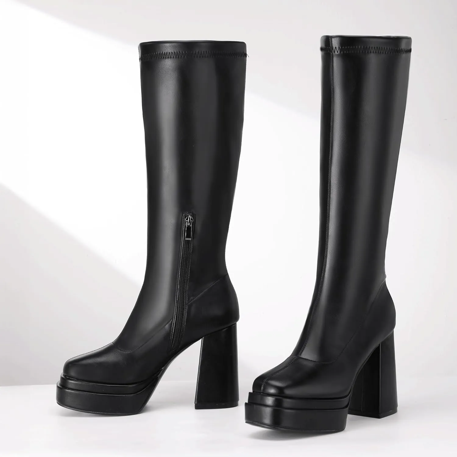 IDIFU IN4 Knee High Boots for Women Platform Gogo Boots Square Toe Chunky Block High Heel Tall Boots Ladies Disco Dress Long Boots Comfortable Fashion Sexy Dressy Pull On Calf High Thick Fall Boots