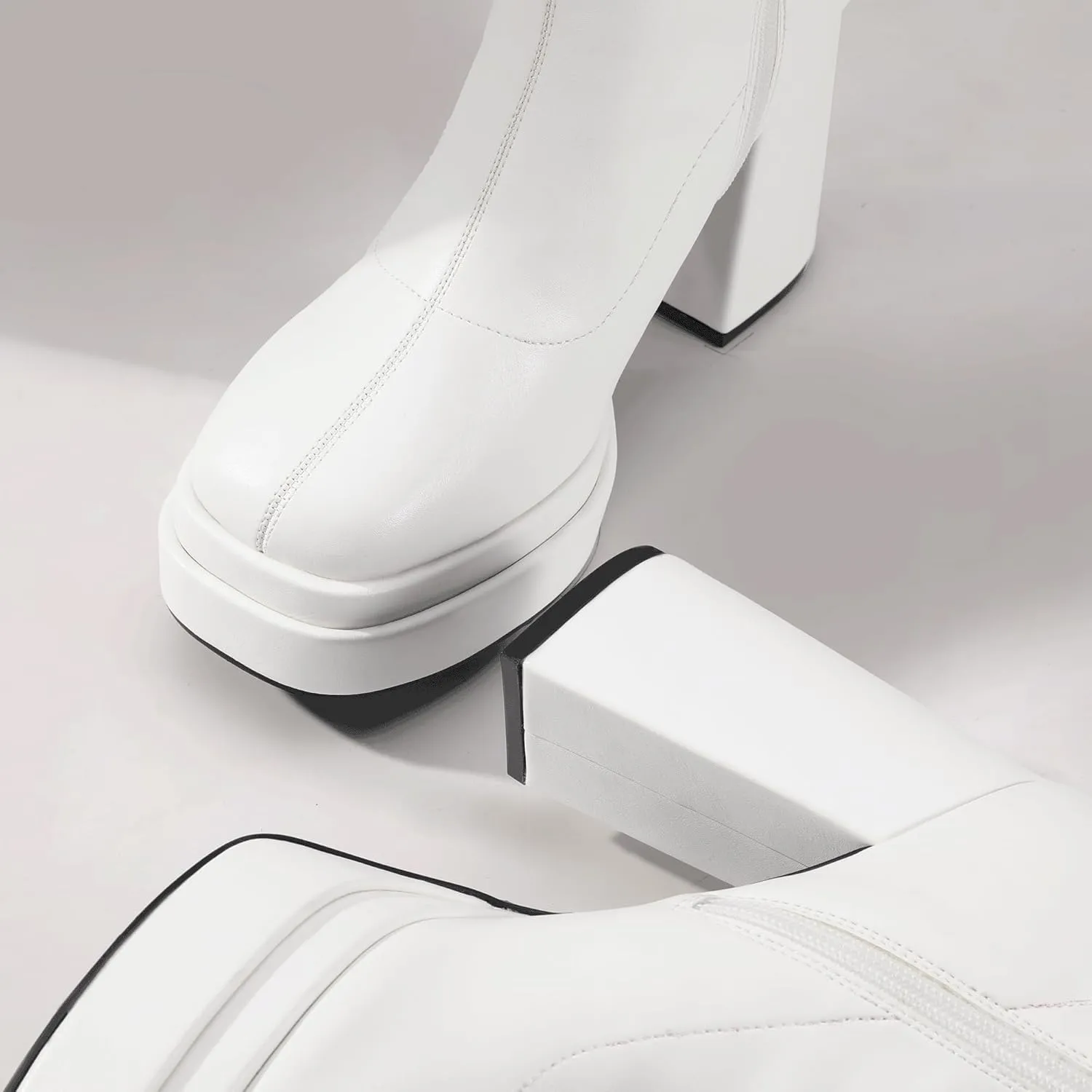 IDIFU IN4 Knee High Boots for Women Platform Gogo Boots Square Toe Chunky Block High Heel Tall Boots Ladies Disco Dress Long Boots Comfortable Fashion Sexy Dressy Pull On Calf High Thick Fall Boots