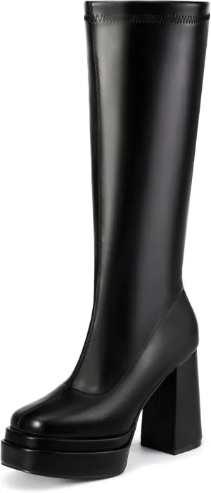 IDIFU IN4 Knee High Boots for Women Platform Gogo Boots Square Toe Chunky Block High Heel Tall Boots Ladies Disco Dress Long Boots Comfortable Fashion Sexy Dressy Pull On Calf High Thick Fall Boots