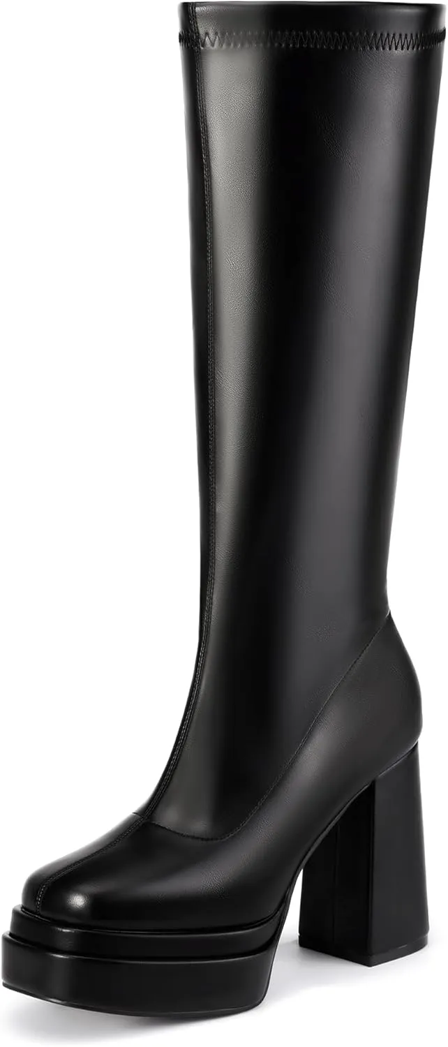 IDIFU IN4 Knee High Boots for Women Platform Gogo Boots Square Toe Chunky Block High Heel Tall Boots Ladies Disco Dress Long Boots Comfortable Fashion Sexy Dressy Pull On Calf High Thick Fall Boots