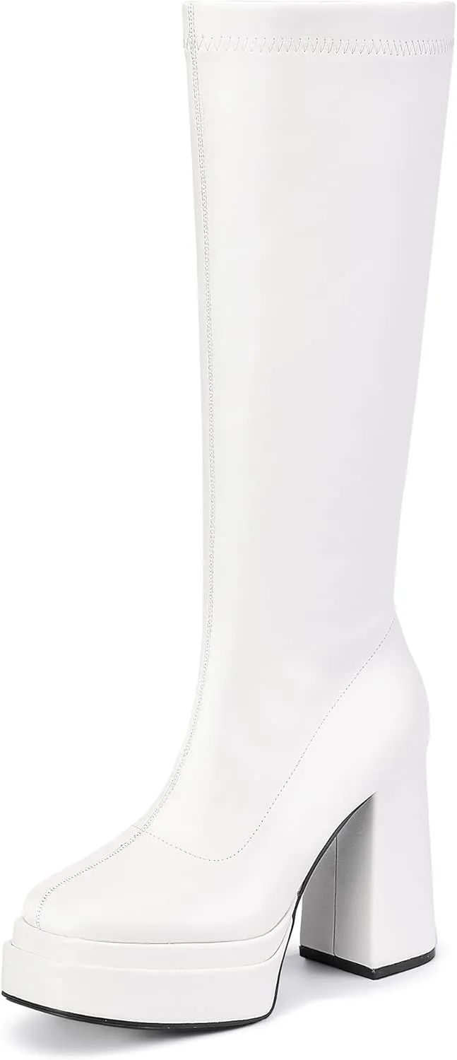 IDIFU IN4 Knee High Boots for Women Platform Gogo Boots Square Toe Chunky Block High Heel Tall Boots Ladies Disco Dress Long Boots Comfortable Fashion Sexy Dressy Pull On Calf High Thick Fall Boots