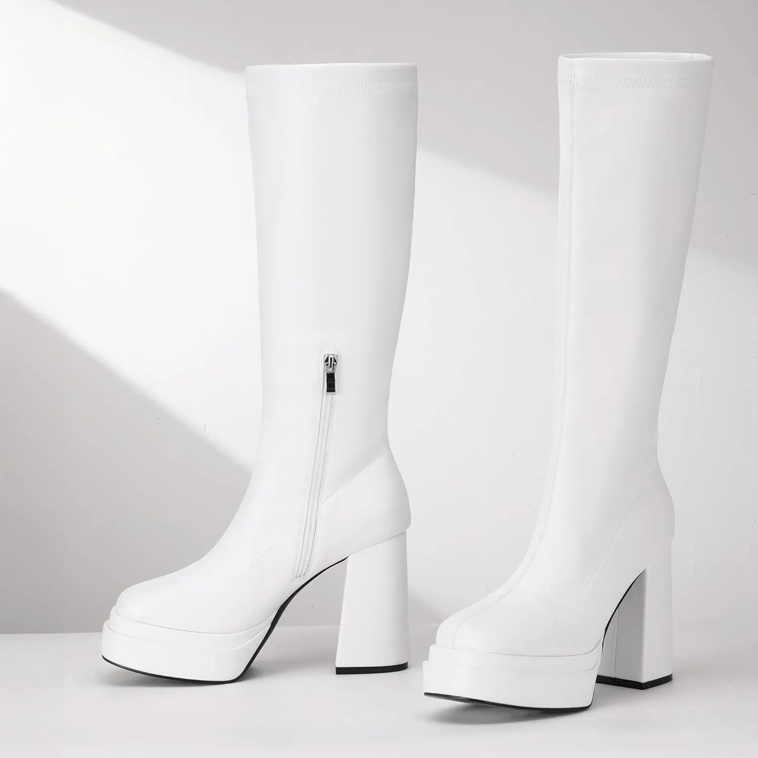 IDIFU IN4 Knee High Boots for Women Platform Gogo Boots Square Toe Chunky Block High Heel Tall Boots Ladies Disco Dress Long Boots Comfortable Fashion Sexy Dressy Pull On Calf High Thick Fall Boots