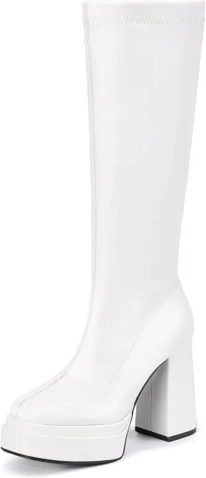IDIFU IN4 Knee High Boots for Women Platform Gogo Boots Square Toe Chunky Block High Heel Tall Boots Ladies Disco Dress Long Boots Comfortable Fashion Sexy Dressy Pull On Calf High Thick Fall Boots