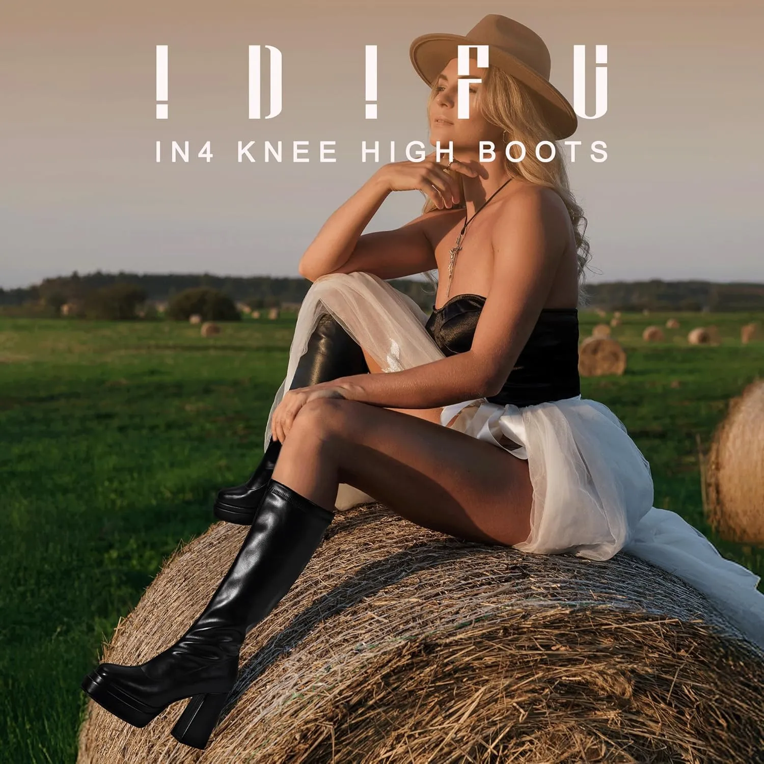 IDIFU IN4 Knee High Boots for Women Platform Gogo Boots Square Toe Chunky Block High Heel Tall Boots Ladies Disco Dress Long Boots Comfortable Fashion Sexy Dressy Pull On Calf High Thick Fall Boots