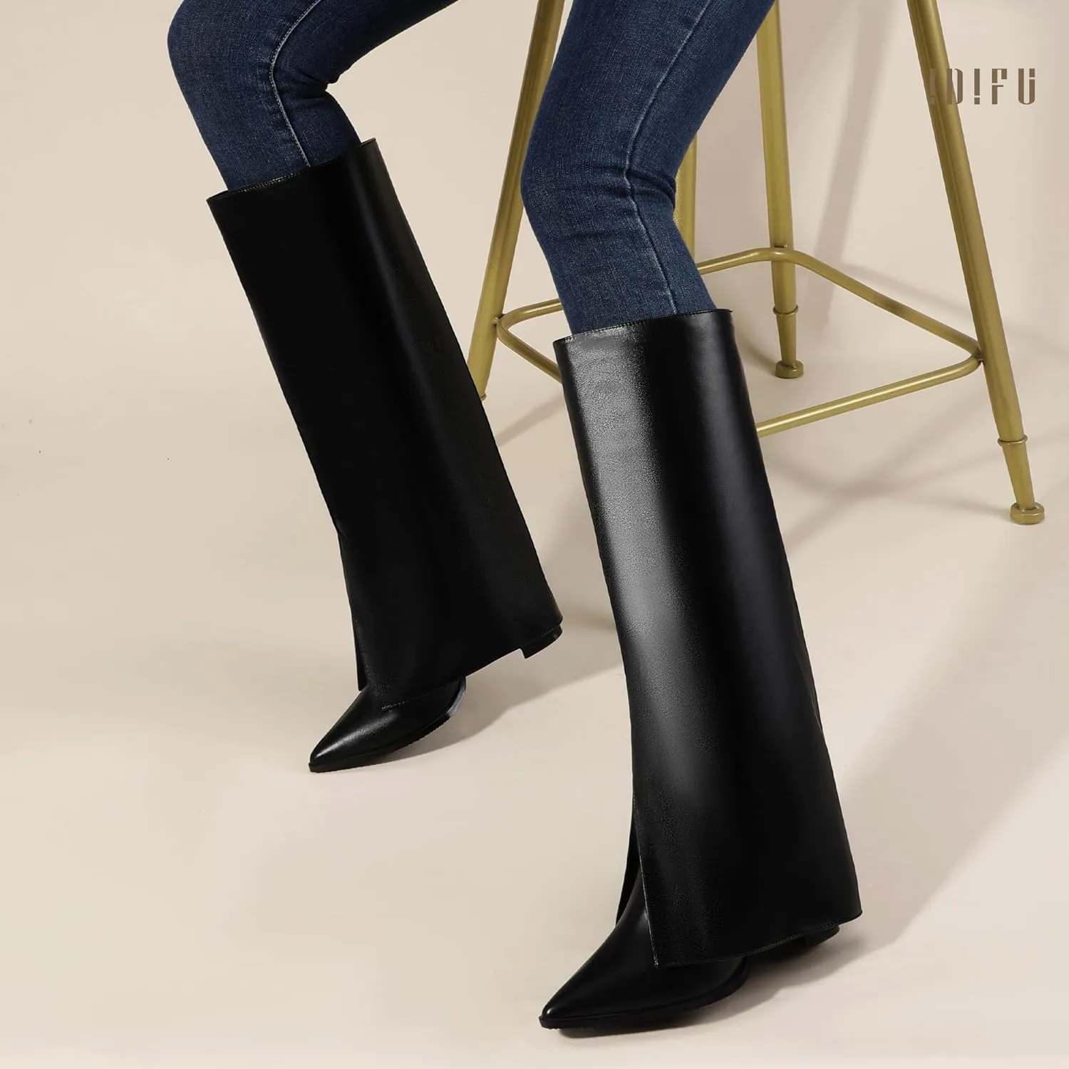 IDIFU Knee High Women Shark Boots Fold Over Tall High Chunky Heel Boots Pointed Toe Block Heeled Booties for Women Zip Up Dress Long Comfortable Cute Fashion Dressy Sexy Trendy Heel Booties Boots