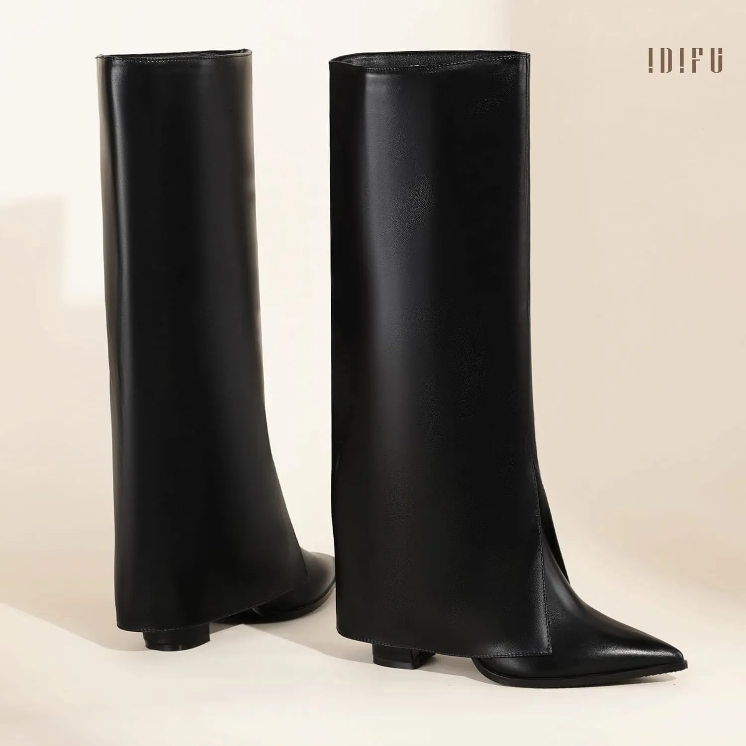 IDIFU Knee High Women Shark Boots Fold Over Tall High Chunky Heel Boots Pointed Toe Block Heeled Booties for Women Zip Up Dress Long Comfortable Cute Fashion Dressy Sexy Trendy Heel Booties Boots