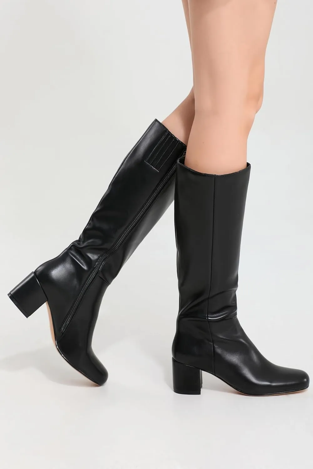 iiimmu Knee High Boots for Women Round Toe Boots 2.5 IN Chunky Heel Zipper Knee High Boots Dress Fashion Trendy High Heel Boots