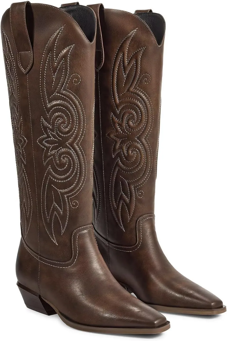 ISNOM Cowboy Cowgirl Boots for Women, Western Boots Square Toe Knee High Boots with Low Heel