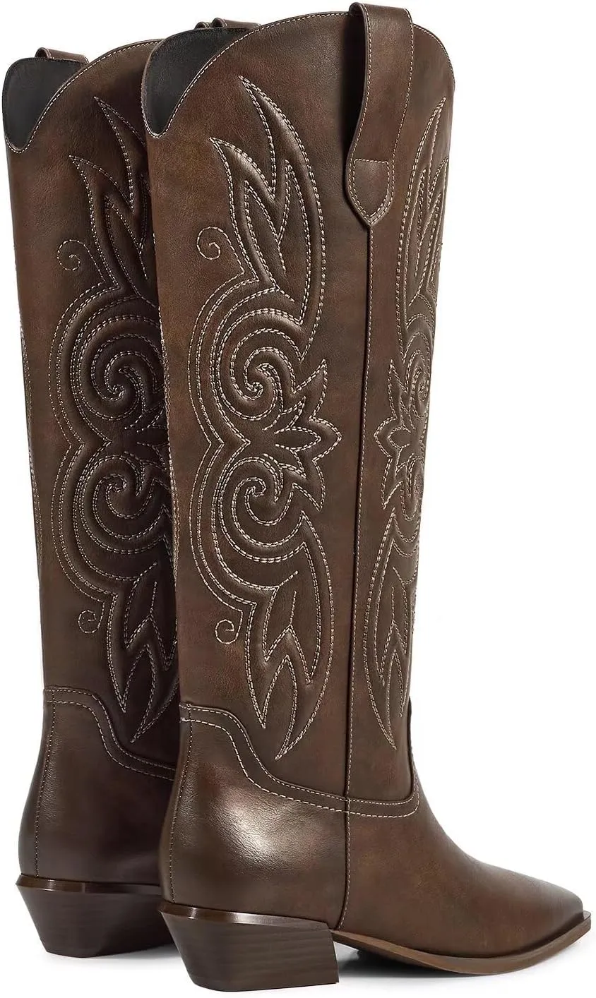 ISNOM Cowboy Cowgirl Boots for Women, Western Boots Square Toe Knee High Boots with Low Heel