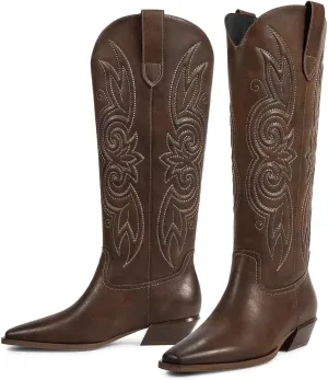 ISNOM Cowboy Cowgirl Boots for Women, Western Boots Square Toe Knee High Boots with Low Heel