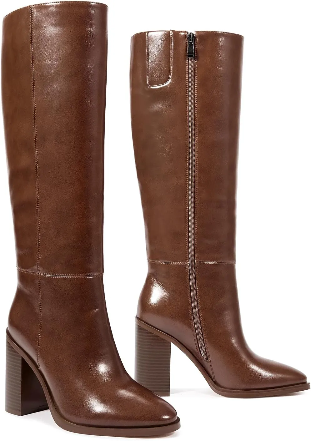 ISNOM Knee High Boots Women Almond Toe Chunky Boots for Women Tall Boots with Full Side Zipper High Heel Long Boots