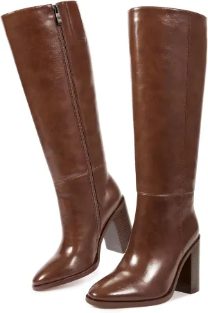 ISNOM Knee High Boots Women Almond Toe Chunky Boots for Women Tall Boots with Full Side Zipper High Heel Long Boots