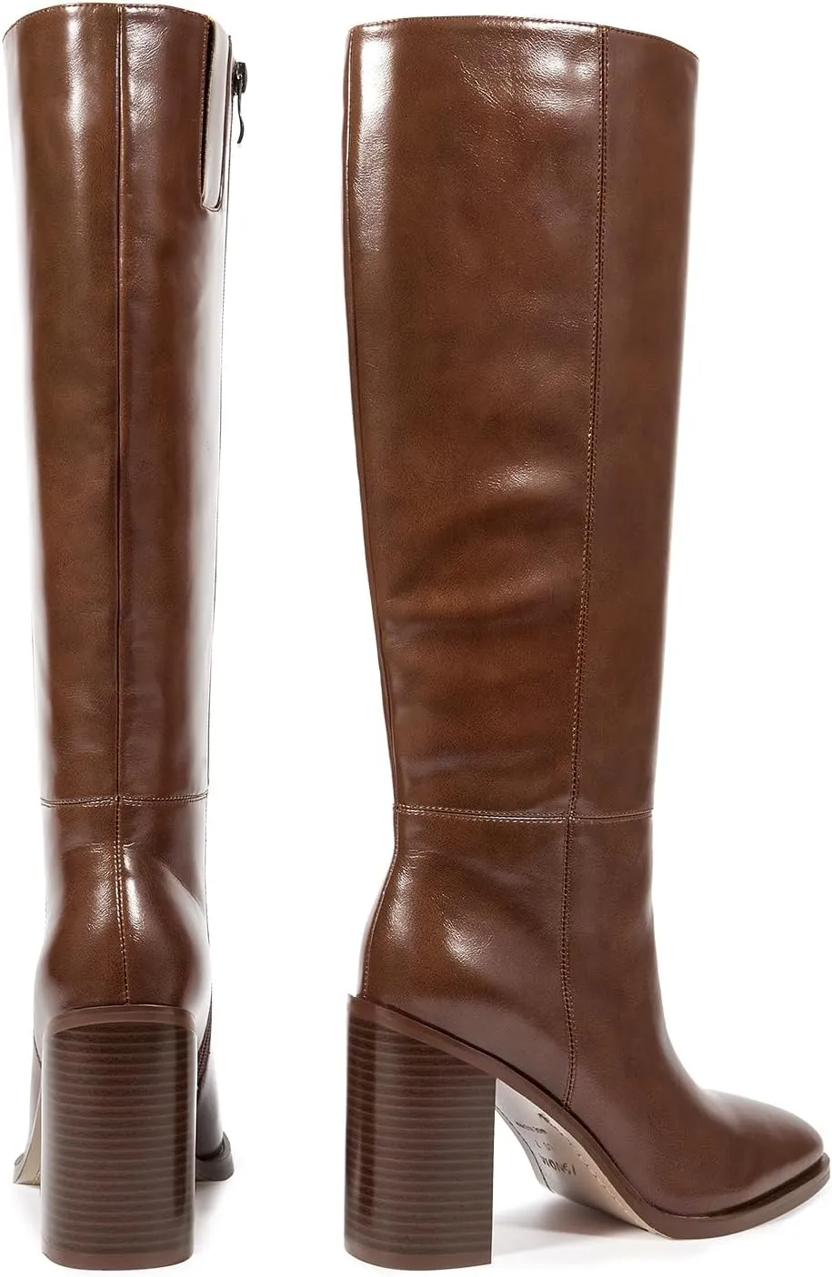 ISNOM Knee High Boots Women Almond Toe Chunky Boots for Women Tall Boots with Full Side Zipper High Heel Long Boots