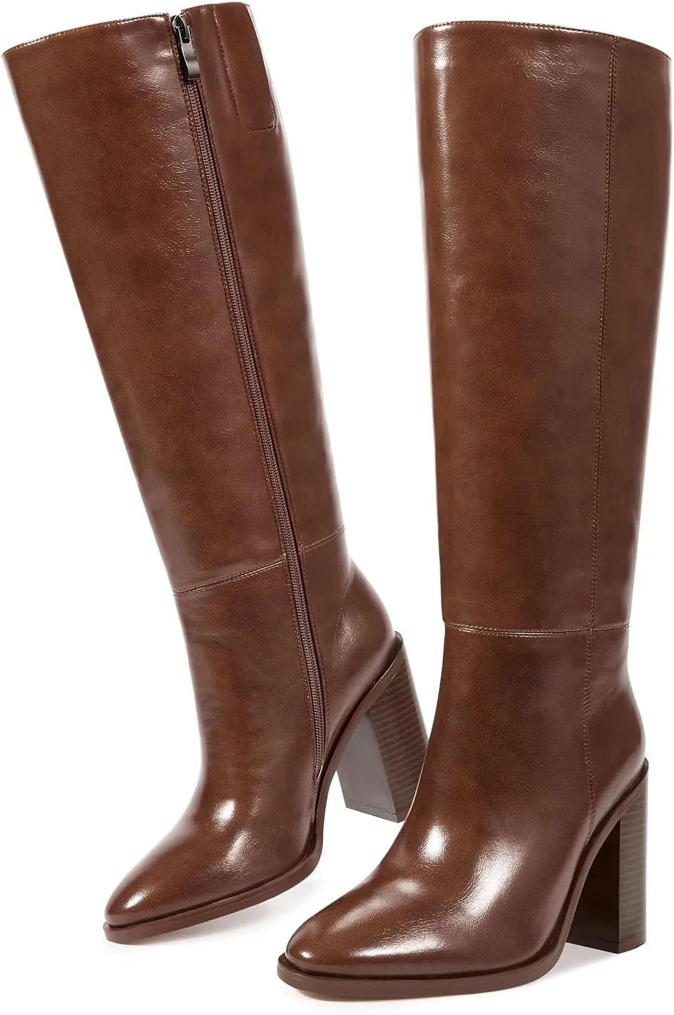 ISNOM Knee High Boots Women Almond Toe Chunky Boots for Women Tall Boots with Full Side Zipper High Heel Long Boots
