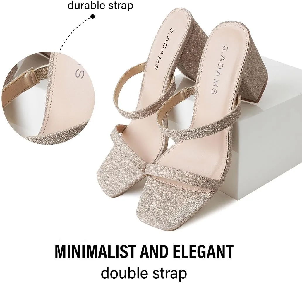 J. Adams Stormi Heeled Sandals Women Dressy Summer Flat Mules- Square Toe Double Band Low Block Heel Sandals - Chunky Sandals for Women - Summer Sandals, Womens Dress Sandals, Women's Heeled Sandals