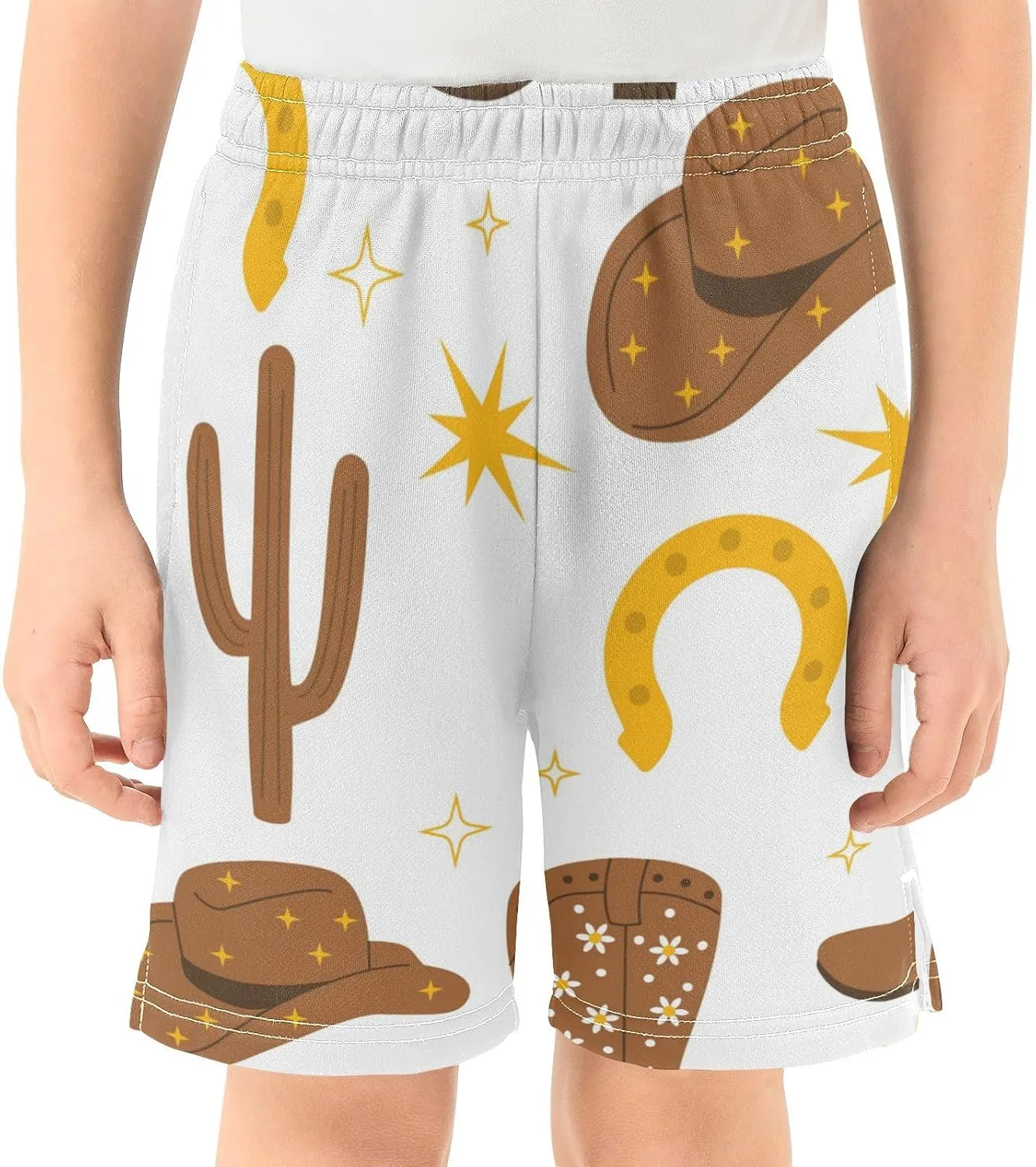 J JOYSAY Cowboy Hats Boots Cactus Boys Athletic Shorts Kids Youth Casual Shotrs with Elastic Waistband Pockets