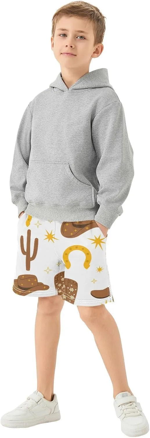J JOYSAY Cowboy Hats Boots Cactus Boys Athletic Shorts Kids Youth Casual Shotrs with Elastic Waistband Pockets