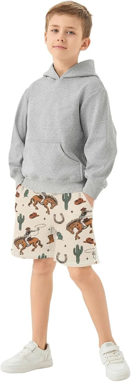 J JOYSAY Cowboys Horses Cactus Boots Boys Athletic Shorts Kids Youth Casual Shotrs with Pockets Elastic Waistband