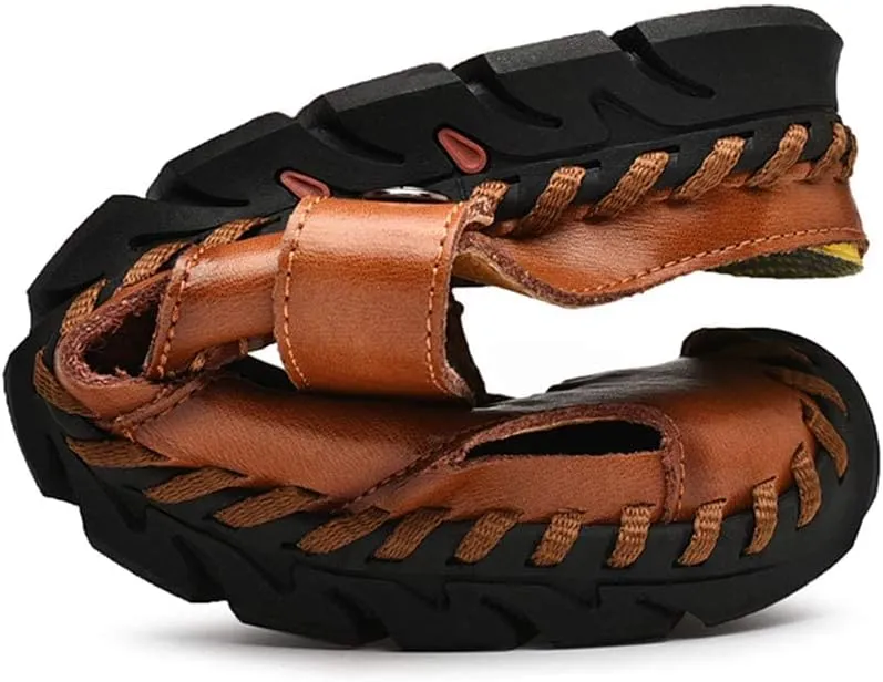 JAMONWU Men's Casual Closed Toe Adjustable Leather Sandals Handmade Fisherman Beach Sandals