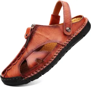 JAMONWU Men's Casual Closed Toe Adjustable Leather Sandals Handmade Fisherman Beach Sandals