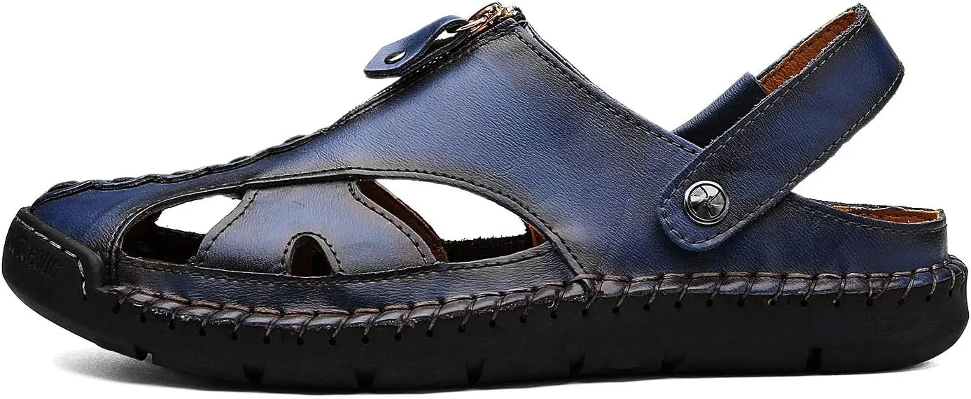 JAMONWU Men's Casual Closed Toe Adjustable Leather Sandals Handmade Fisherman Beach Sandals