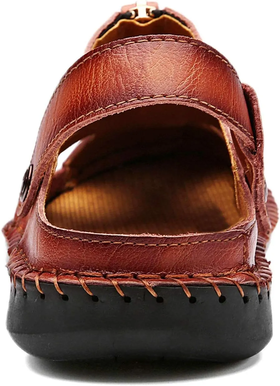 JAMONWU Men's Casual Closed Toe Adjustable Leather Sandals Handmade Fisherman Beach Sandals
