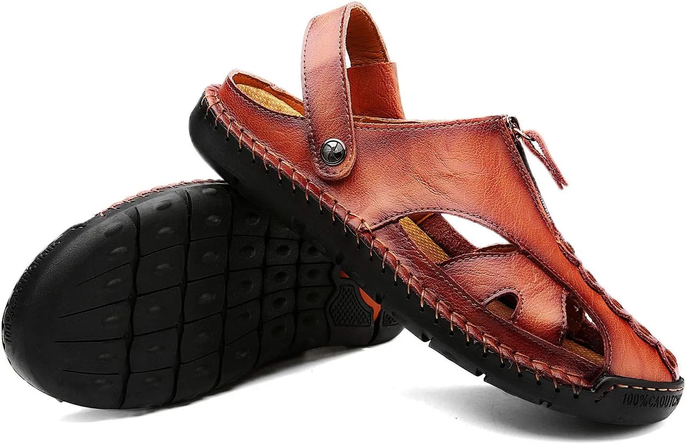 JAMONWU Men's Casual Closed Toe Adjustable Leather Sandals Handmade Fisherman Beach Sandals