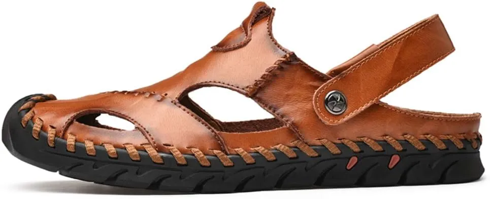 JAMONWU Men's Casual Closed Toe Adjustable Leather Sandals Handmade Fisherman Beach Sandals