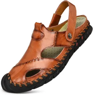 JAMONWU Men's Casual Closed Toe Adjustable Leather Sandals Handmade Fisherman Beach Sandals
