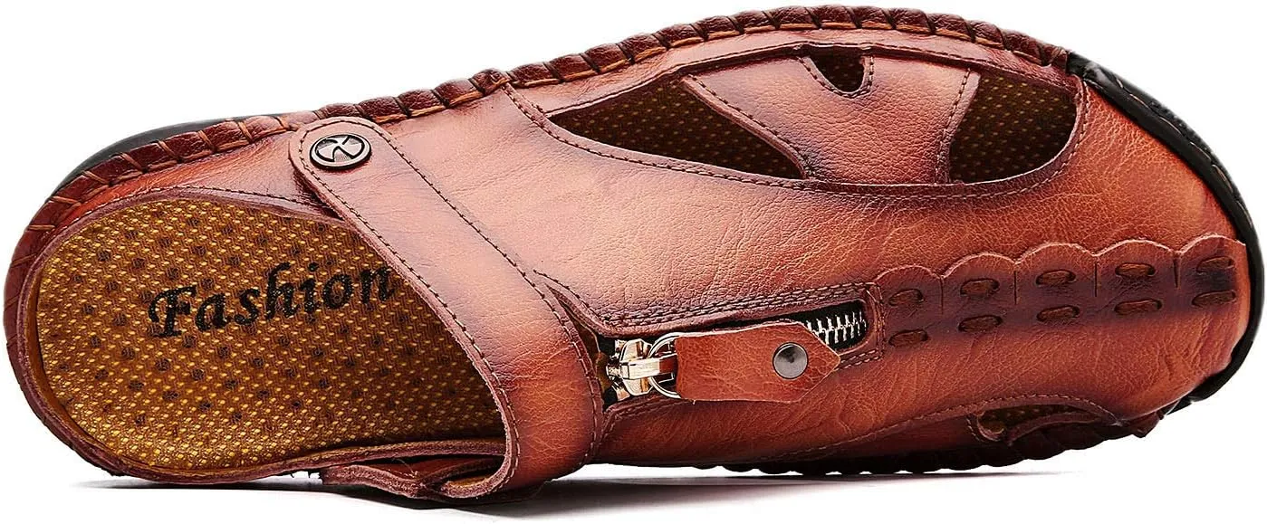 JAMONWU Men's Casual Closed Toe Adjustable Leather Sandals Handmade Fisherman Beach Sandals