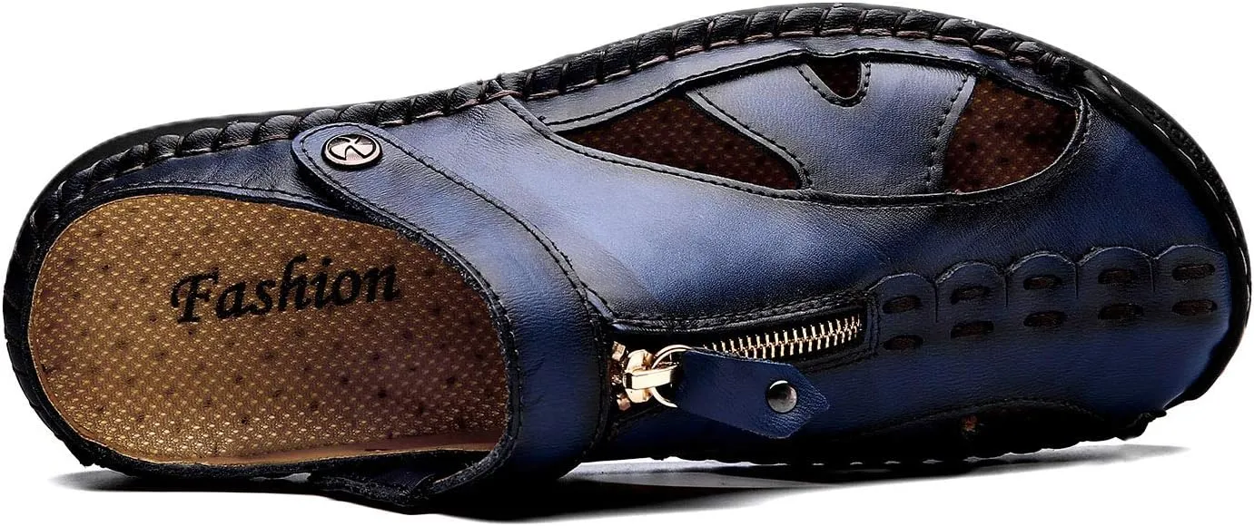 JAMONWU Men's Casual Closed Toe Adjustable Leather Sandals Handmade Fisherman Beach Sandals